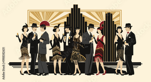 Sophisticated 1920s party with art deco backdrop, guests in elegant attire