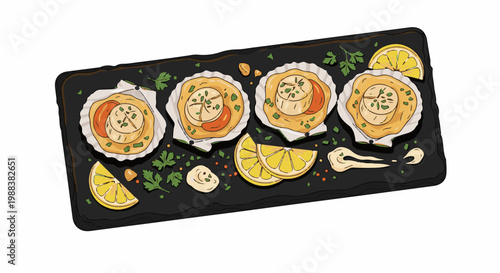 Four baked scallops in shells with lemon slices and sauce on a dark platter