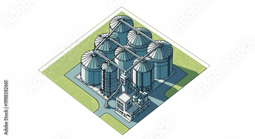 Industrial grain storage facility with interconnected silos and processing building