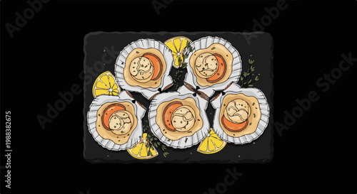 Five baked scallops with lemon wedges and herbs on a dark plate