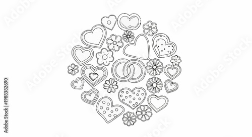 Hearts and flowers arrangement with wedding rings, sketch-like art