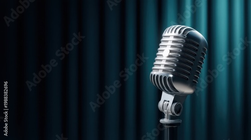 Close-Up of Vintage Microphone Against Elegant Blue Drapery for Music, Performance, or Recording Studio Atmosphere