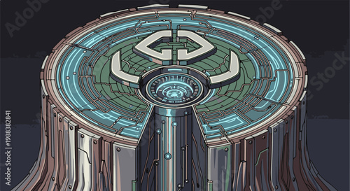 Intricate circular structure with glowing blue circuitry and metallic plating