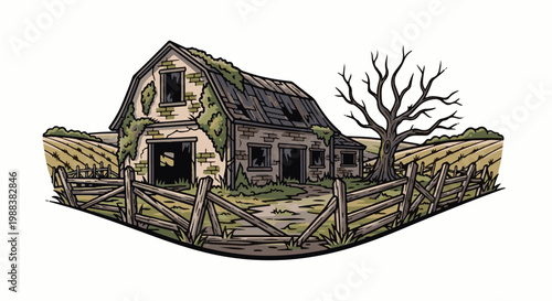 Dilapidated stone barn with overgrown vines, bare tree, and rustic fence