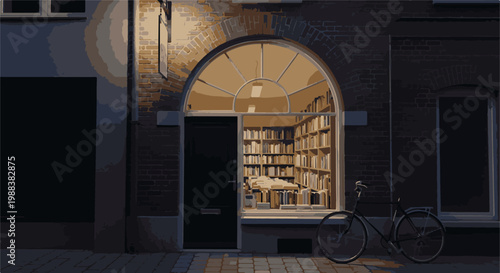 Illuminated bookshop window with arched glass, shelves overflowing with books