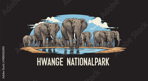 Herd of elephants at a watering hole under a cloudy sky