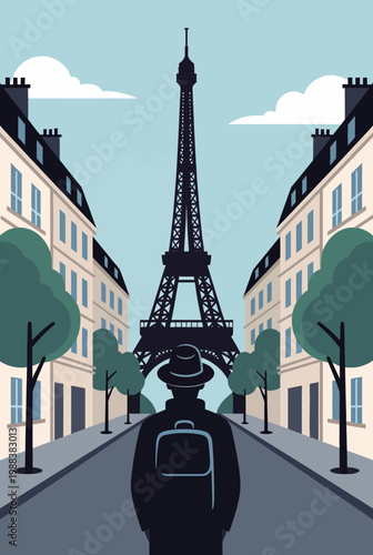 Tourist Admiring Eiffel Tower Among Parisian Streets and Buildings