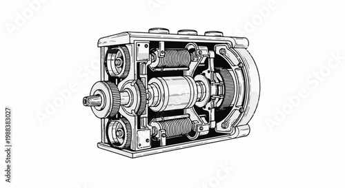 Detailed cross-section illustration of an intricate mechanical gearbox