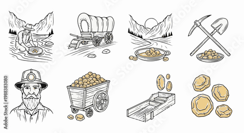 Gold rush scenes prospecting, wagon, panning, tools, miner, cart, sluice, nuggets