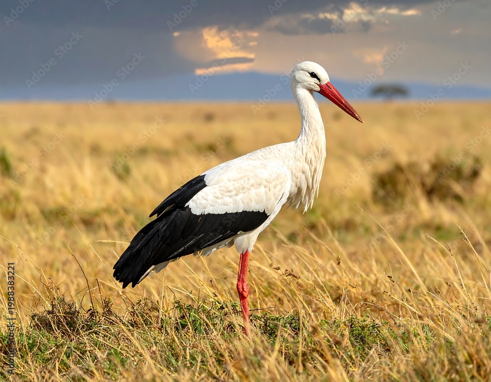 Fototapeta premium A stork stands alone in a vast savannah landscape