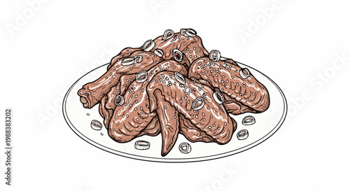 Pile of cooked chicken wings with onion rings and seeds on a plate