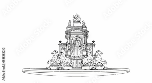 Ornate classical fountain with rearing horses and tiered water cascades