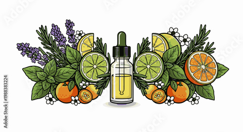 Essential oil dropper bottle surrounded by citrus fruits, herbs, and lavender