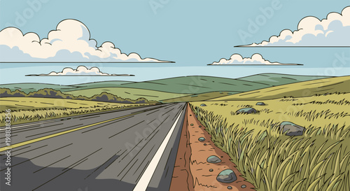 Open road stretching through rolling green hills under a blue sky with clouds