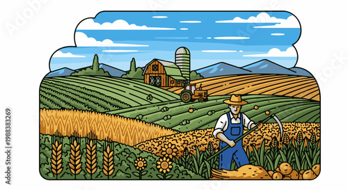 Farmer harvests crops in a picturesque landscape with a barn, silo, and tractor