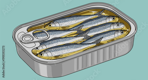 Open can of sardines packed tightly in oil, on a teal background