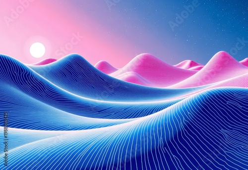 Vibrant Abstract Landscape with Surreal Pink and Blue Hills Under a Starry Sky and Setting Sun, Featuring Intricate Line Patterns
