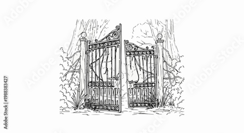 Ornate wrought iron gate open amongst trees and foliage
