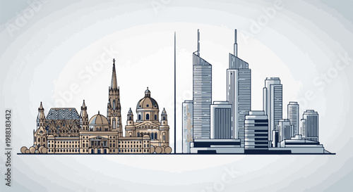 Diverse architectural styles of a city skyline, blending old and new buildings