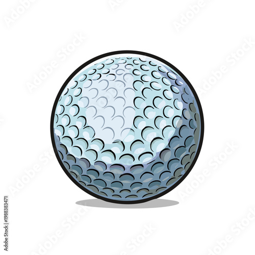 Detailed close up illustration of a dimpled white golf ball with a black outline and shadow