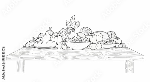 Abundant harvest of fruits, vegetables, and bread displayed on a wooden table