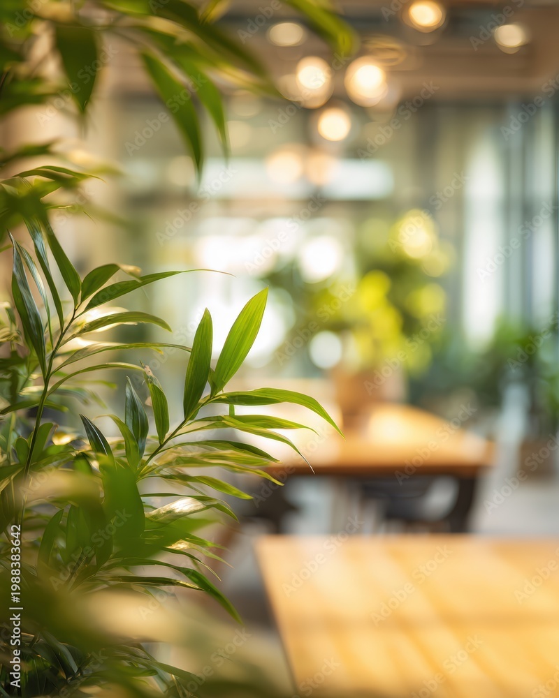 Fototapeta premium Blurred bokeh background of modern eco friendly office with indoor plants natural wood elements sustainable workplace environment. Green corporate culture environmental business responsibility.