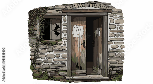 Dilapidated stone structure with weathered wooden door and broken window