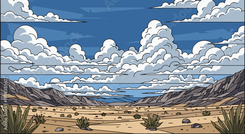 Pixel art desert landscape with dramatic clouds and distant mountains