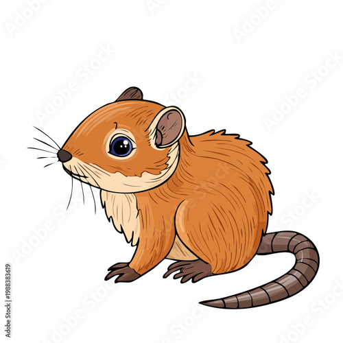 Cute cartoon gerbil with big eyes and bushy tail, illustrated rodent character