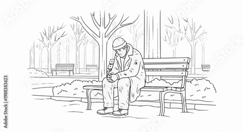 A lone, dejected person sits on a park bench under bare trees in winter