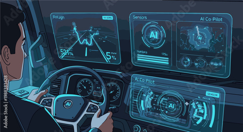 Driver operating advanced vehicle with AI co-pilot and holographic displays