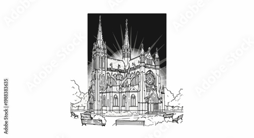 Ornate Gothic cathedral with spires, rose window, and park benches