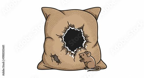 A small mouse inspects a large torn sack with a gaping hole