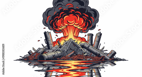 Pixelated explosion over destroyed industrial landscape with molten river