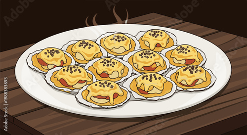 A platter of baked oysters topped with creamy sauce and dark specks