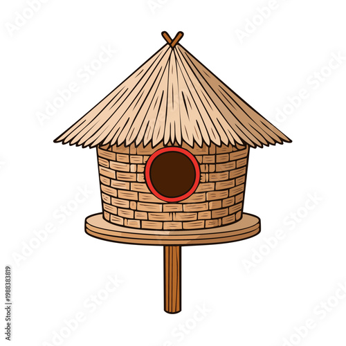 Whimsical Thatch Roof Birdhouse on a Wooden Post Illustration