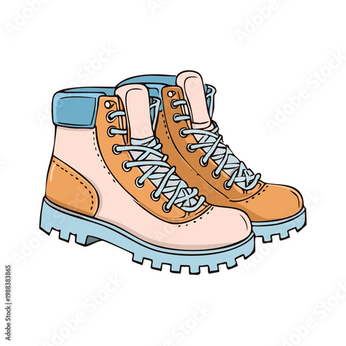 Pair of stylish hiking boots with blue accents and laces in a drawing style