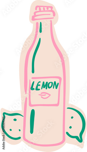 Neon Outline Lemon Soda Bottle, Citrus Soft Drink Sticker Doodle Illustration