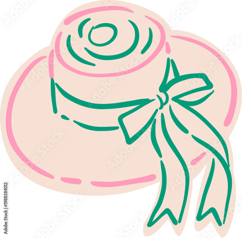 Neon Pink And Green Outline Ribbon Cake Slice On Plate, Cute Bakery Dessert Sticker Doodle Illustration