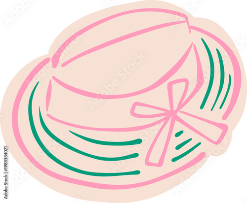 Neon Outline Ribbon Hat On Plate, Elegant Retro Fashion Accessory Sticker Doodle Illustration
