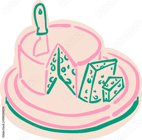 Neon Outline Cheese Fondue Pot With Bread Cubes, Cozy Food Sticker Doodle Illustration