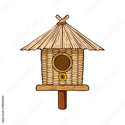 Rustic woven birdhouse with thatched roof on a wooden post