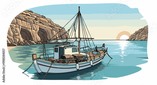 A solitary fishing boat rests in calm waters near rocky cliffs at sunset