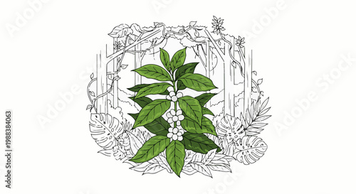 Lush tropical foliage frames a vibrant coffee plant with white berries