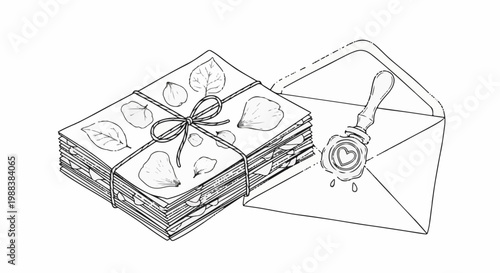 Stack of letters tied with twine adorned with floral elements and an envelope with wax seal