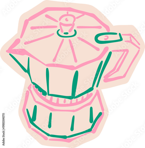 Neon Outline Moka Pot Espresso Maker, Italian Coffee Brewing Sticker Doodle Illustration