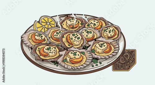 A plate of steaming scallops with lemon wedges and a decorative coaster