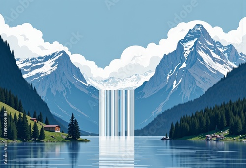 Surreal Landscape of Cascading Waterfall Amidst Majestic Snow-Capped Mountains and Tranquil Lake in a Vividly Illustrated Natural Scene
