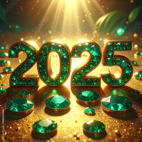 Illuminated jeweled numbers 2025 sparkle on a gold surface with scattered green gems, golden light flares