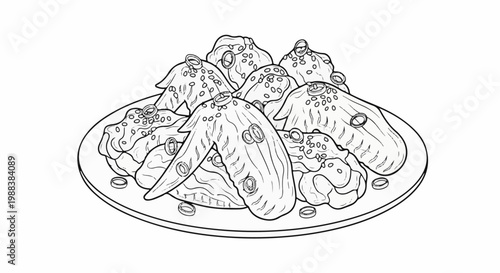 A plate of illustrated chicken wings with circular toppings and markings